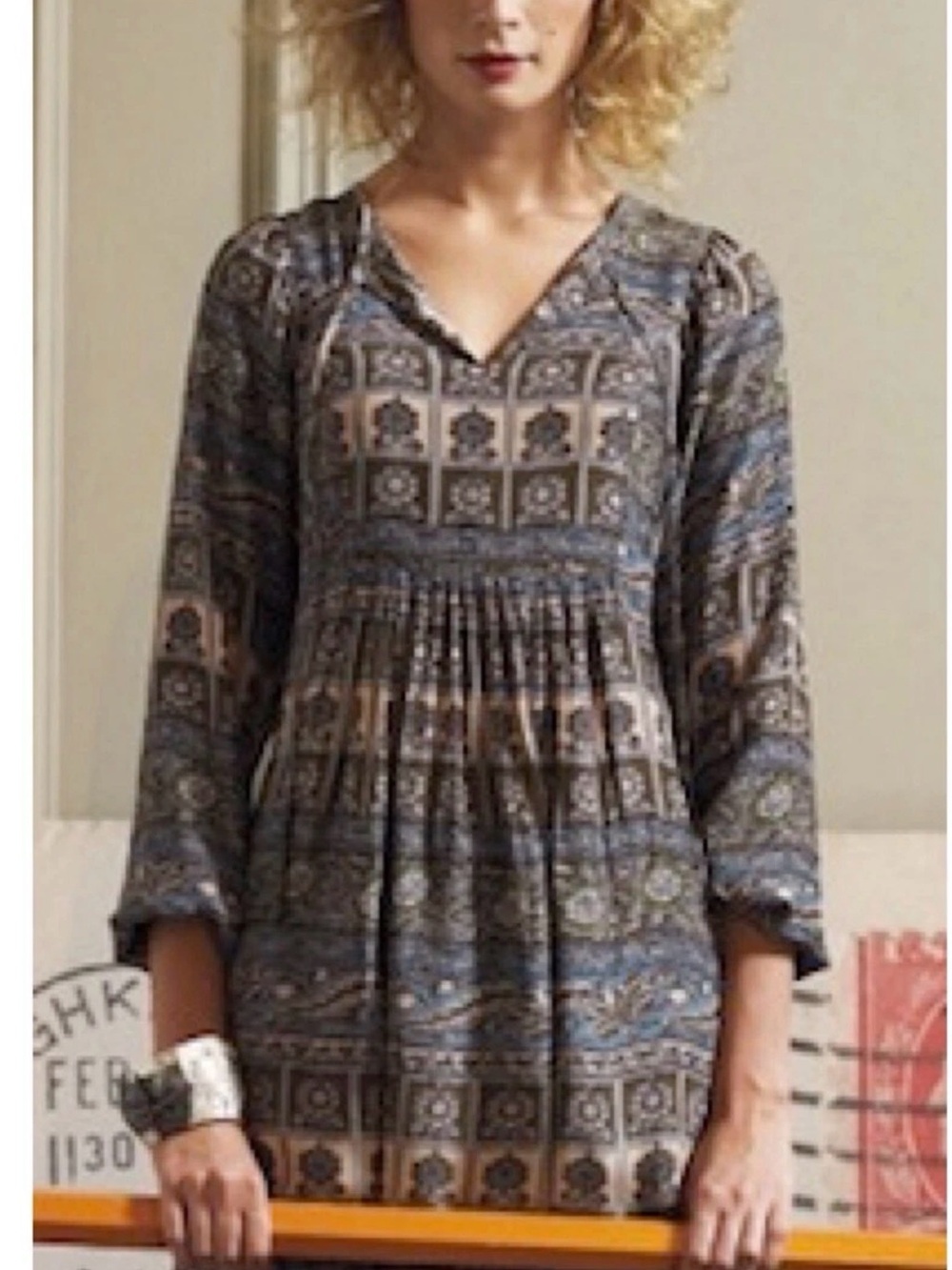 Anthropologie Sunner Silk Floral Paisley Print Peasant Swing Dress Boho Medium